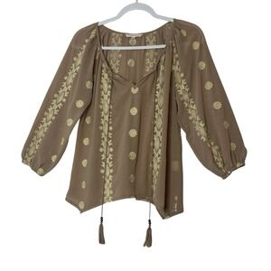 Solitaire By Anthropologie Women's Large‎ Tan Beige Embroidered Floral Sheer